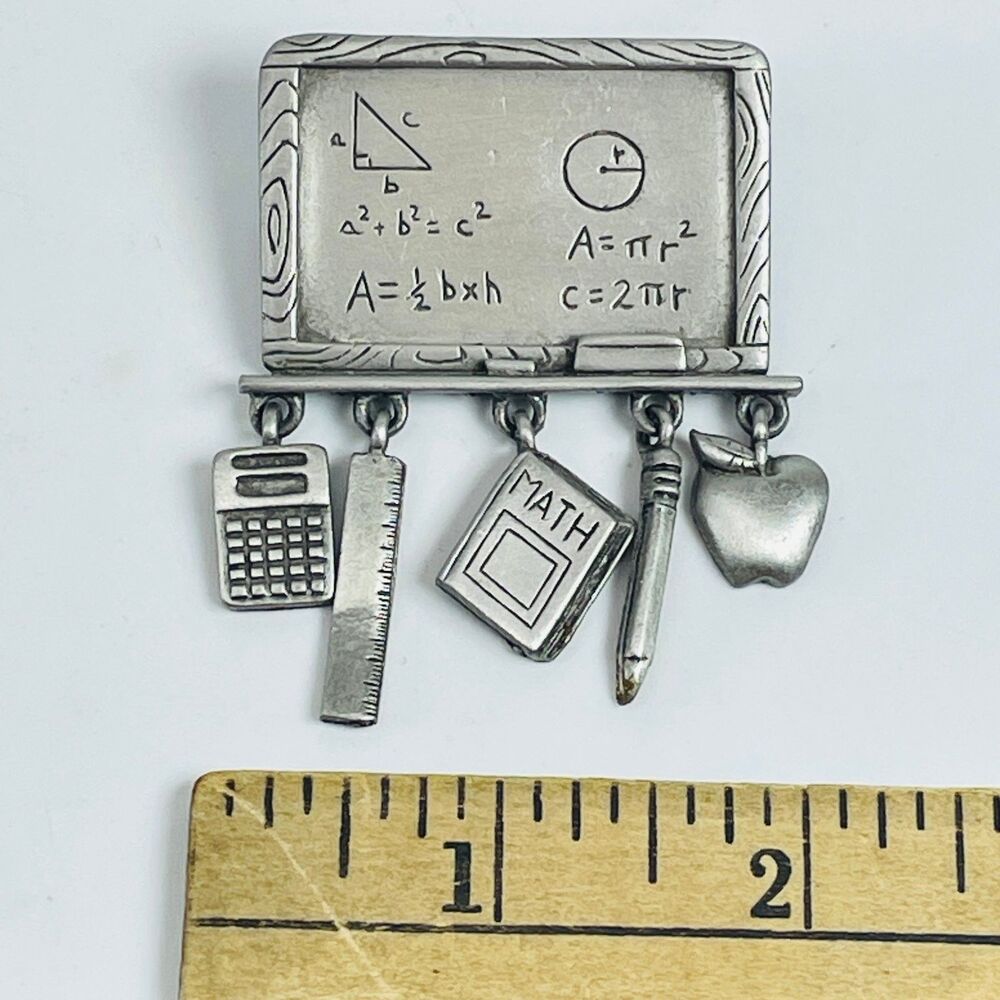 JJ Teacher Chalkboard Dangle Brooch Pin Math Charms Pewter Vintage Approx 2" L - Picture 2 of 4